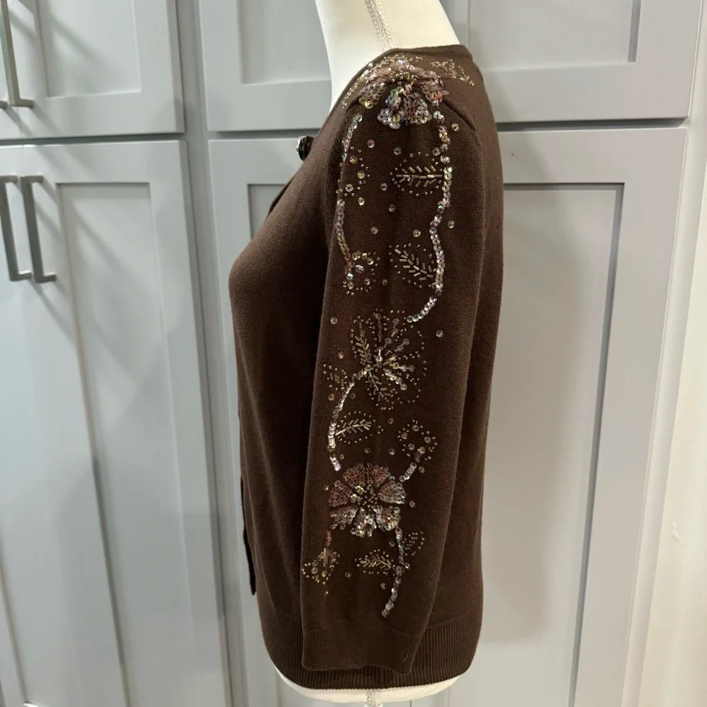 Classics Entier Beaded Wool Silk Cashmere Brown Hidden Snap Cardigan Large - Picture 6 of 10